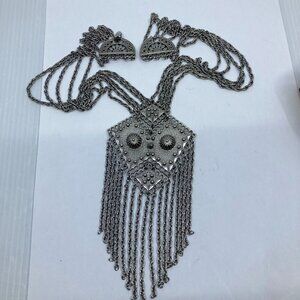Vtg 1970 D'ORLAN ? silver tone Egyptian revival fringe tassel necklace